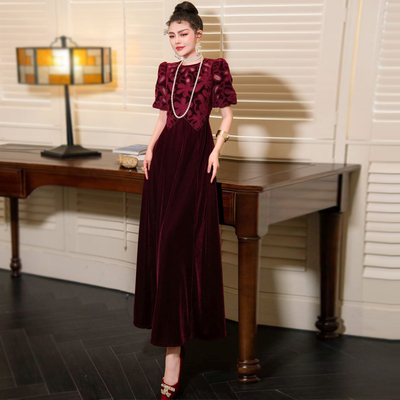 法式优雅丝绒重工绣花长裙连衣裙