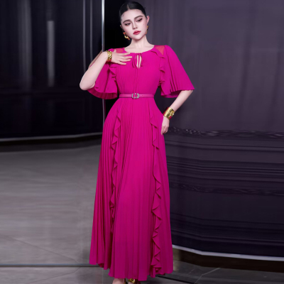 优雅高端雪纺百褶长裙新款连衣裙