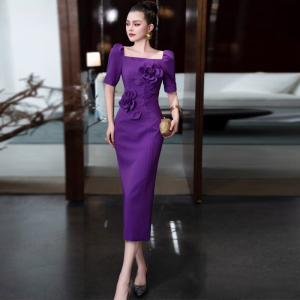 欧货女装2026夏季新款长裙法式高端设计感紫色礼服裙子修身连衣裙