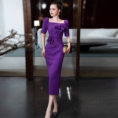 优雅气质紫色立体花礼服连衣裙新