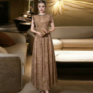 高级感古典印花长裙气质修身 新款 大摆连衣裙 优雅2026年春夏季 法式