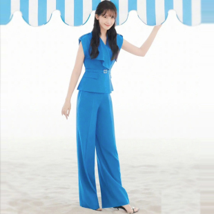 气质高级感职业套装 新款 无袖 上衣西装 两件套 欧货女装 阔腿长裤 夏季