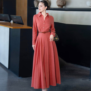 欧货女装2026春秋新款轻奢高级感麻料长裙通勤气质翻领衬衫连衣裙