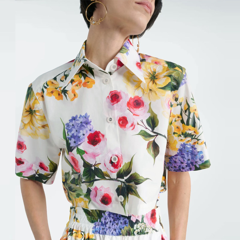 欧货女装2026夏季走秀新款高端棉质印花衬衫两件中长裙休闲套装女