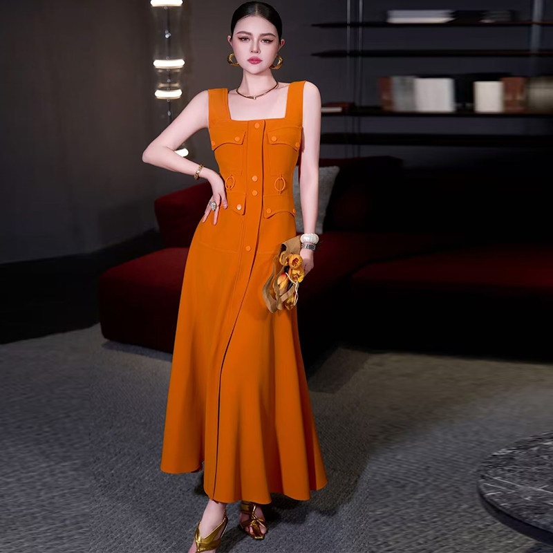 法式优雅2026年夏季新款高端小众设计感口袋长裙橙色吊带连衣裙麻