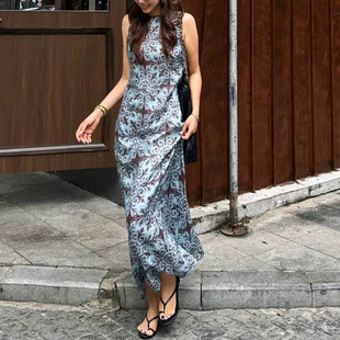 欧货女装2026夏季新款设计感高端亚麻印花长裙巨好看小众连衣裙女
