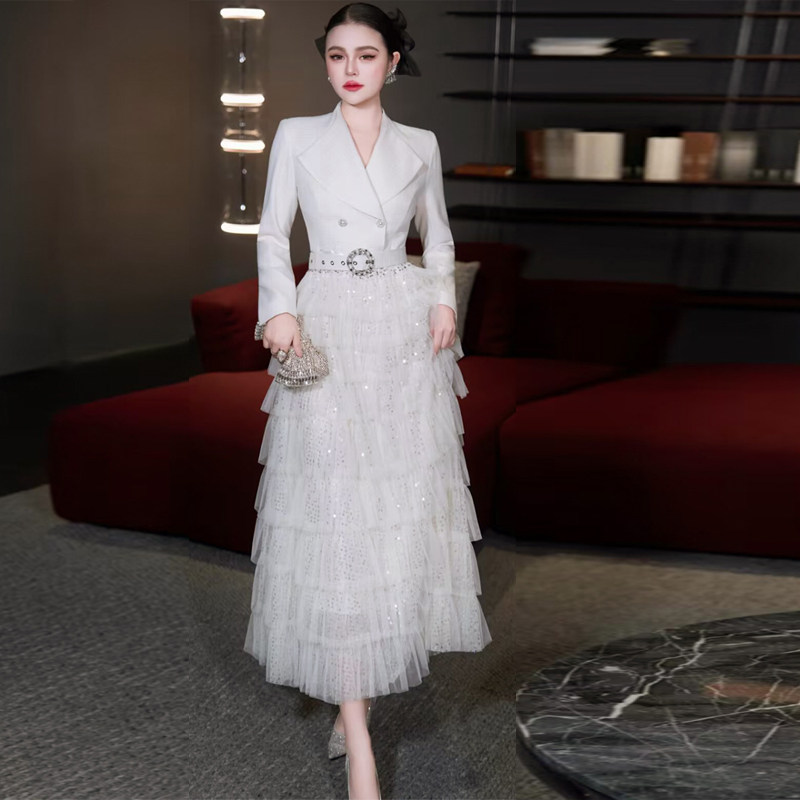 欧货女装2026年春季新款高级感西装外套拼接网纱长裙气质连衣裙潮