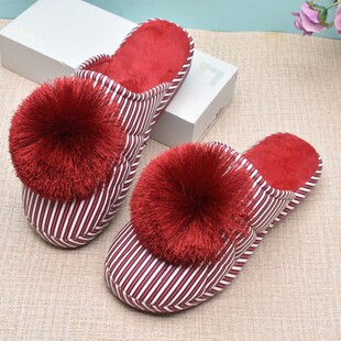 冬季女居家保暖半包跟皮面棉拖鞋可爱甜美毛球pu棉拖月子女加厚拖