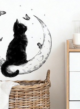 黑色月亮猫咪墙贴出租屋家居贴画
