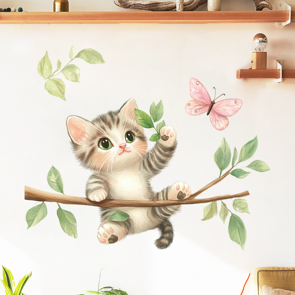 可爱树枝抓蝴蝶小猫墙贴卡通自粘儿童房遮丑背景墙装饰画可移除图片