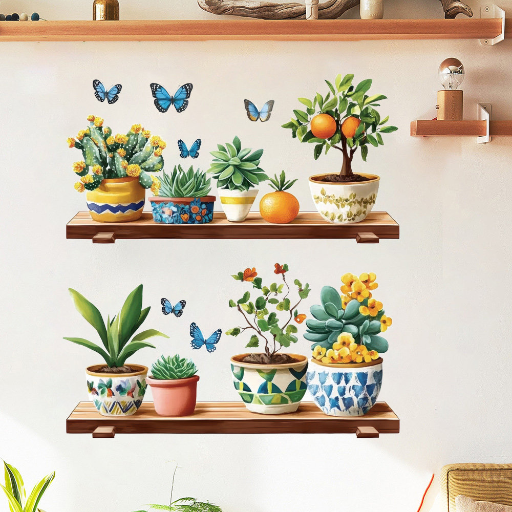 仿真小橙子蝴蝶盆栽贴画出租屋遮丑美化客厅餐厅墙上装饰贴画自粘,家居饰品,软装墙贴,淘宝优惠券,粉丝福利购,淘宝优惠卷