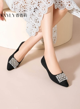 香香莉女鞋2025秋季新款尖头浅口方扣平底单鞋低跟粗跟舒适30675