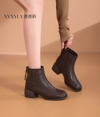 香香莉2025冬季新款32532粗跟短靴女加绒保暖马丁靴百搭瘦瘦靴