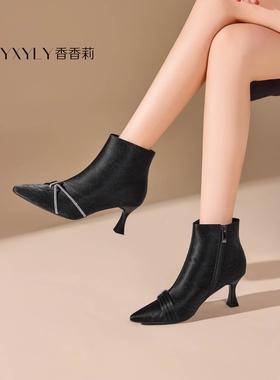 香香莉女鞋2025冬季新款32231尖头磨砂细跟高跟鞋时装靴短靴子