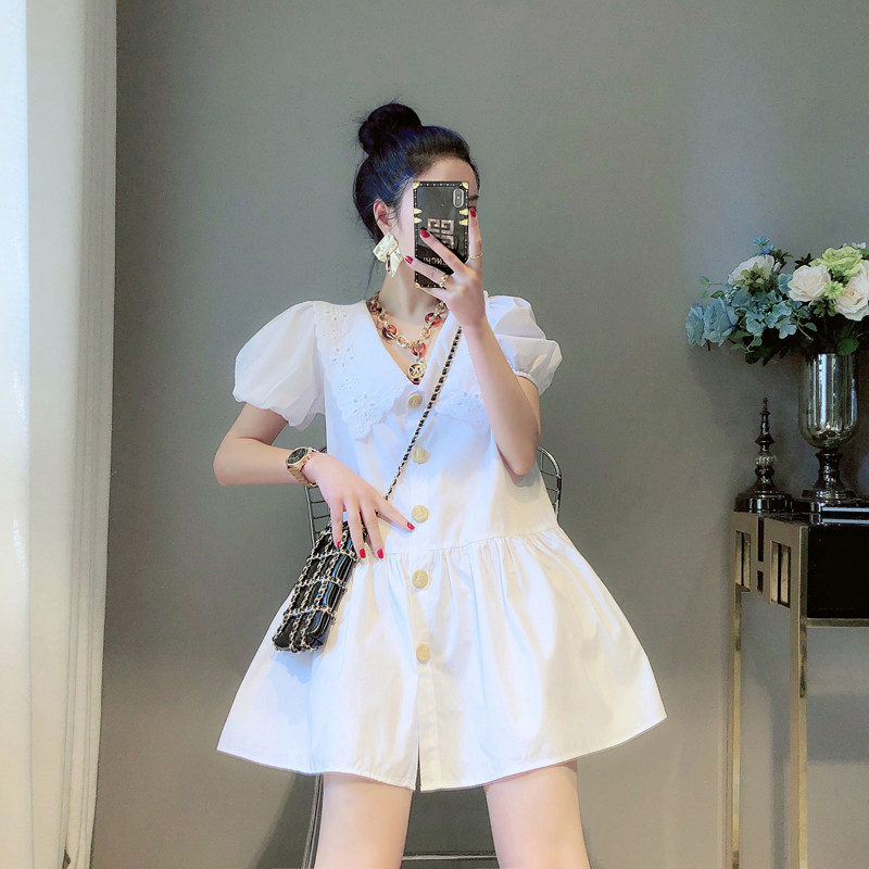 ONLY YOU2020夏装新款复古气质v领刺绣单排扣a字棉质连衣裙娃娃裙