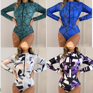欧美外贸泳衣女连体三角防晒长袖 运动冲浪潜水服拉链保守遮肚泳装