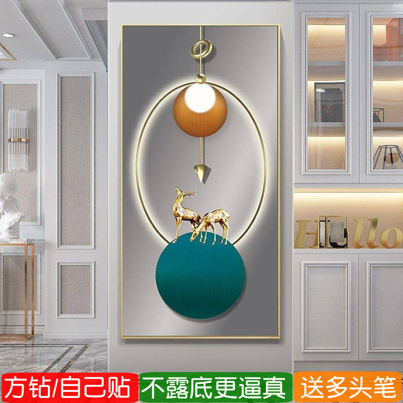 5d高级感玄关钻石画方钻满钻竖版福鹿抽象粘砖贴钻十字绣现代简约