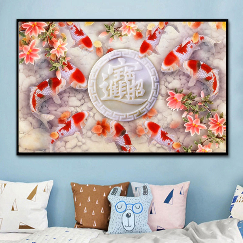 5d招财进宝钻石画满钻新款年年有余客厅点粘钻十字绣餐厅九鱼聚财