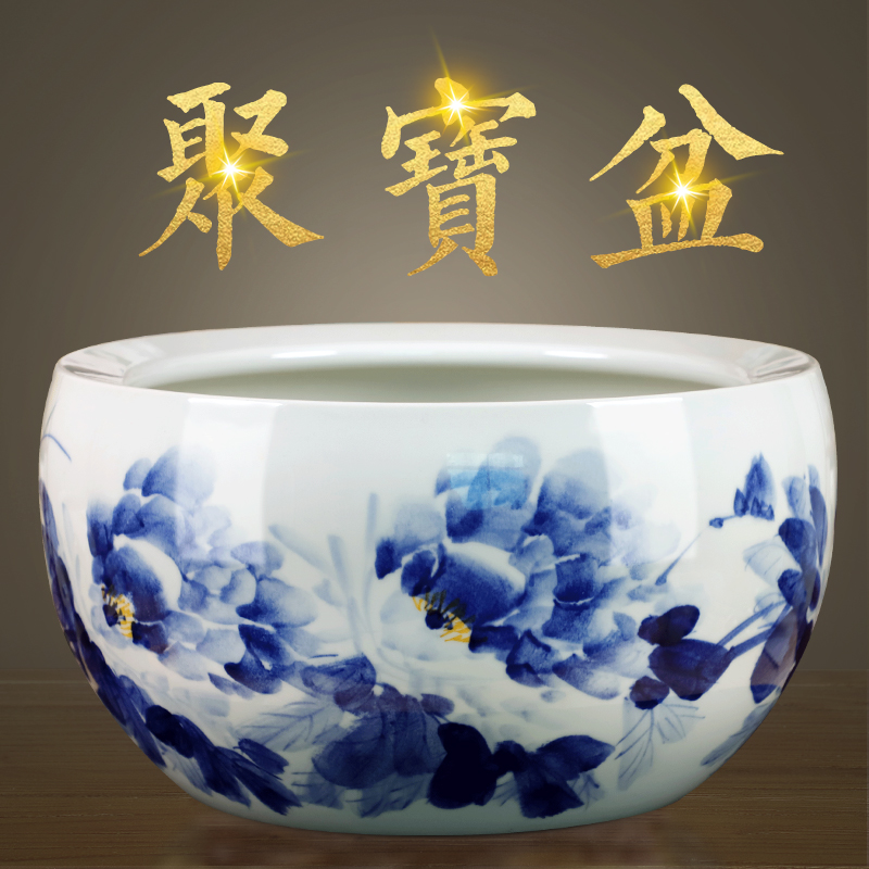 景德镇陶瓷器半手绘青花瓷鱼缸储物缸水浅乌龟缸荷花客厅装饰摆件