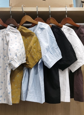 春夏新款女装麻混纺泡泡袖衬衫短袖衬衣打褶上衣477604/475655