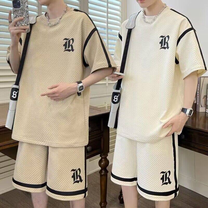 男装夏季套装华夫格短袖短裤搭配帅气休闲运动成熟稳重夏装潮流男