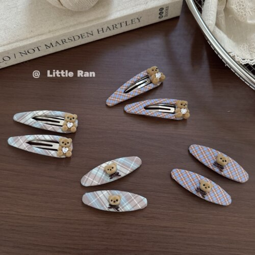 Little Ran韩版小熊格纹发夹女可爱水滴夹侧边夹刘海夹头饰发卡
