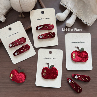 Little Ran新年红色苹果发夹女童布艺星星刘海夹侧边夹手工甜美