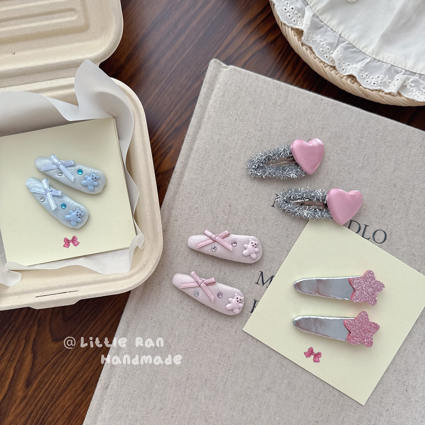 Little Ran 蝴蝶结BB夹发夹女童对夹新款甜美布艺闪钻侧边刘海夹