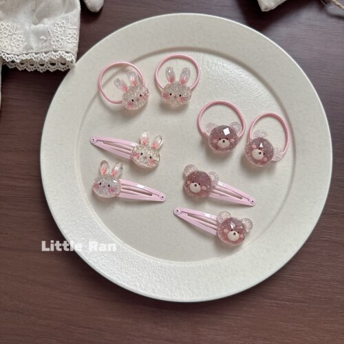 Little Ran可爱卡通兔子小熊发夹发圈女童粉色萌系头饰发饰碎发夹