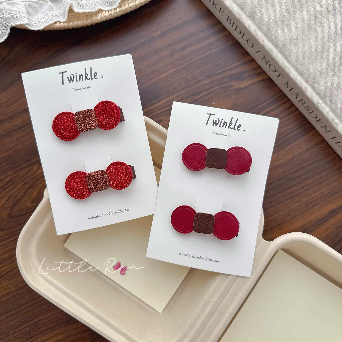 Little Ran韩系小众儿童发夹宝宝真皮蝴蝶结全包不伤发头饰夹子