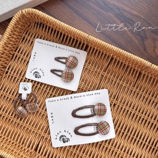 Little Ran 儿童发饰韩系格子纽扣发圈发夹可爱女童侧边碎发BB夹