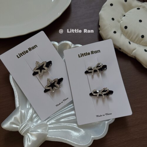 Little Ran 韩系水钻星星蝴蝶结发夹女黑色侧边夹发饰儿童侧边夹