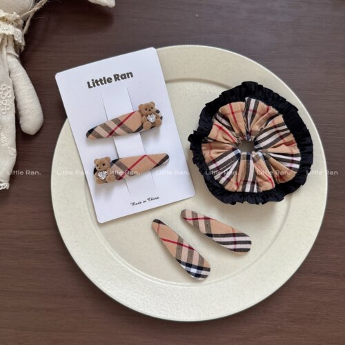 Little Ran不锈钢经典风格子小熊发卡发圈女童高级感头饰发饰