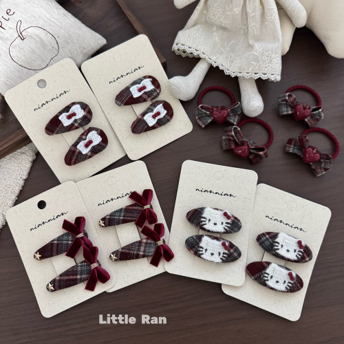 Little Ran 红色复古格纹布艺发夹蝴蝶结发夹儿童甜美侧边碎发夹
