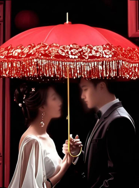 结婚伞新娘伞中式婚礼出嫁婚庆流苏刺绣双层红色长柄雨伞喜庆红伞