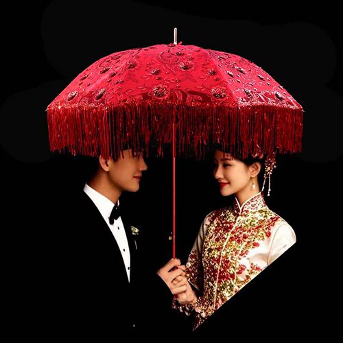 红伞结婚新娘伞遮阳伞亮片流苏伞