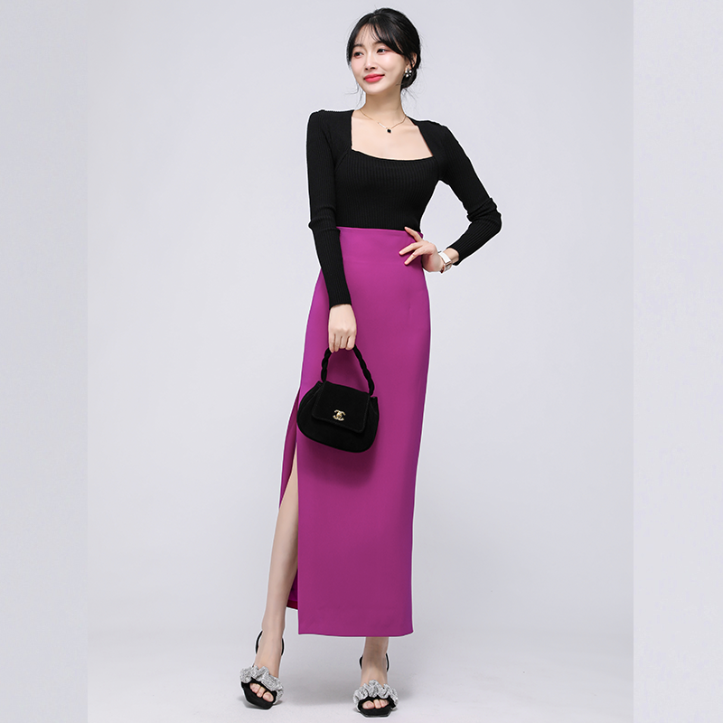 2024春季新款气质优雅高腰长裙修身包臀侧开叉显瘦半裙紫色一步裙