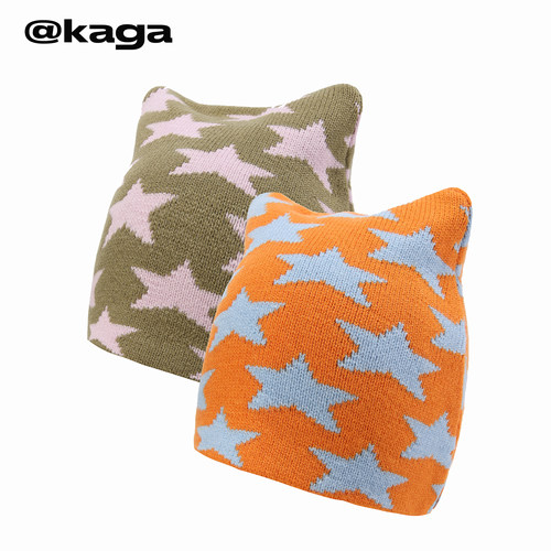 KAGA小角猫耳针织帽星星帽