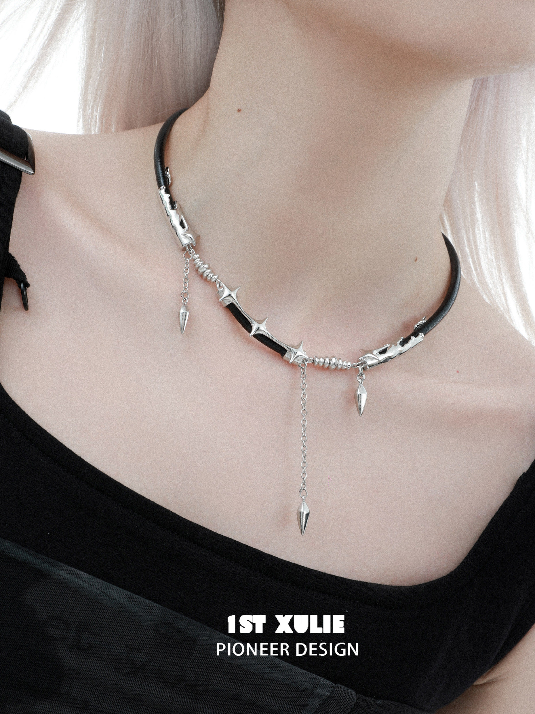 1STXULIE Leather Goth Choker with Metal Chain Tassels - Product image 3