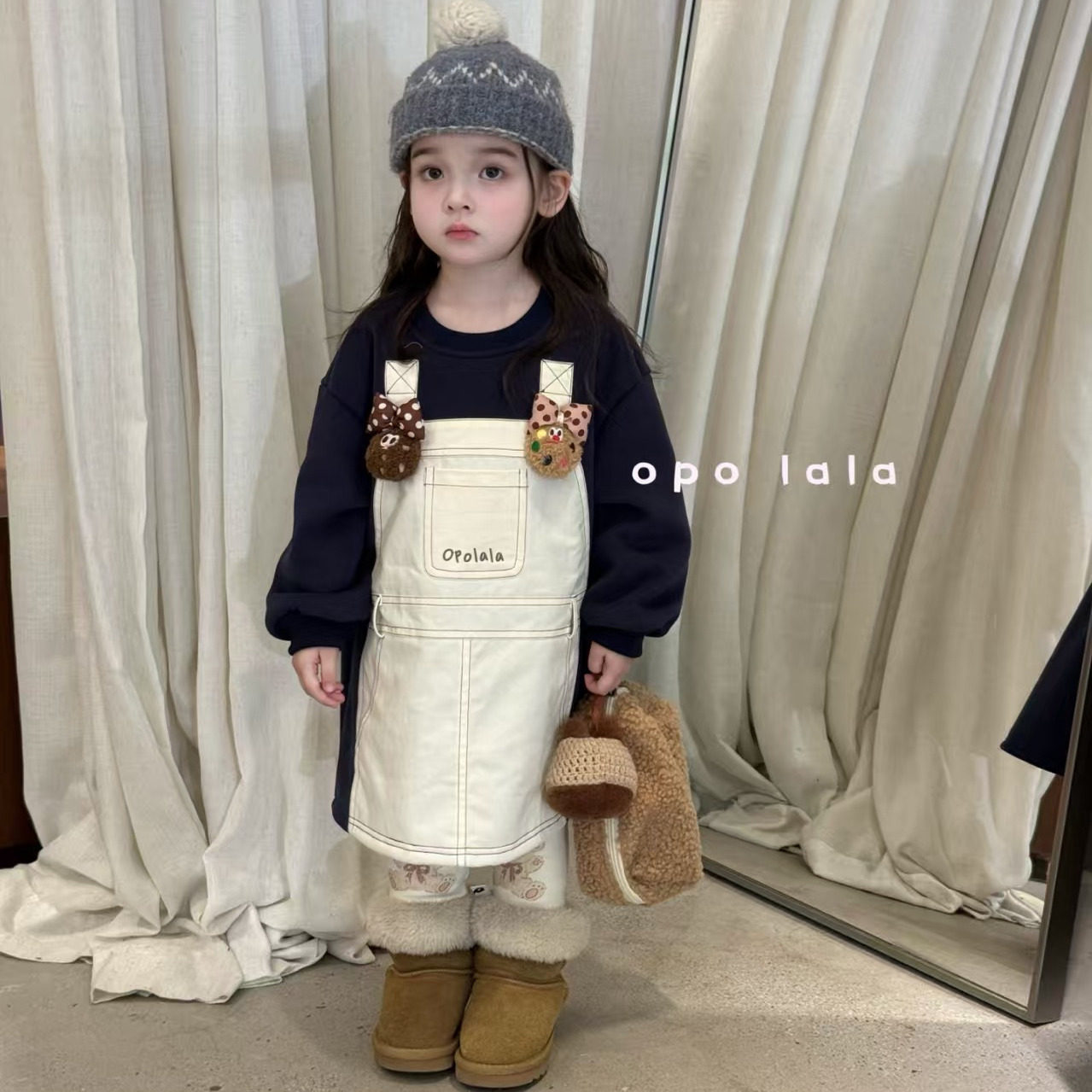 opolala  假两件一体绒卫衣裙+条纹小熊一体绒打底裤