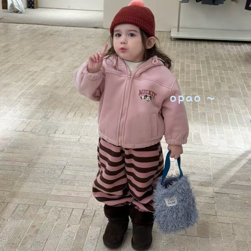 opao  粉色加绒卫衣外套+条纹加绒卫裤