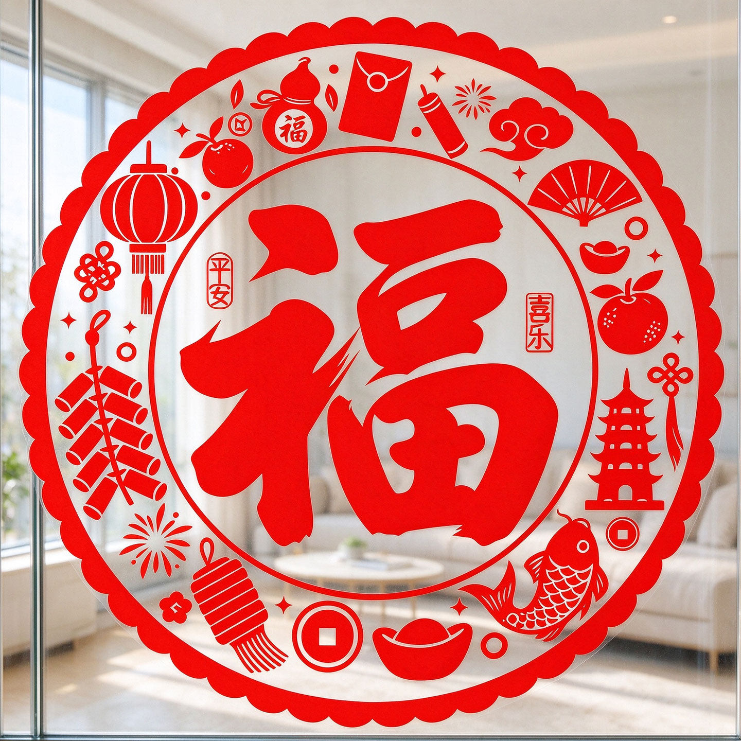 福字窗花新年静电贴纸乔迁新居厨房玻璃门贴纸2027春节窗贴水贴