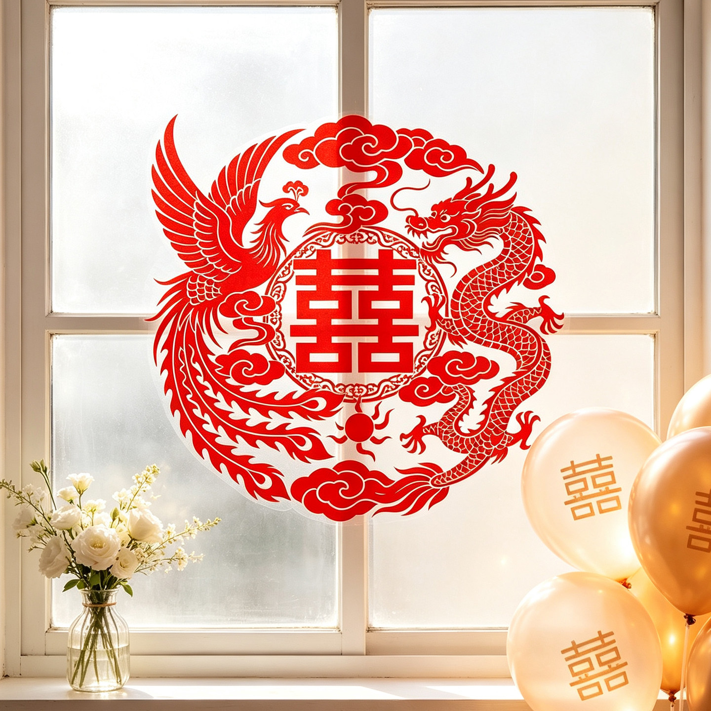 红双喜窗花龙凤喜字贴纸静电贴纸婚房结婚玻璃门贴窗户装饰水贴