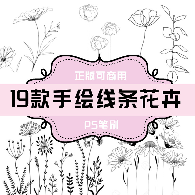 b093 ps笔刷 手绘线条花卉图案19款