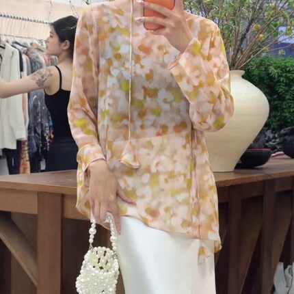 高级感晕染印花长袖上衣女夏季时尚设计感微透乔其纱系带防晒罩衫