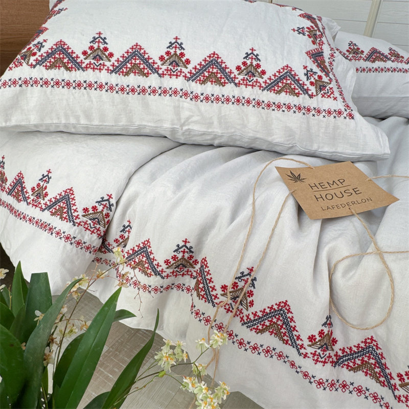 高货！外贸尾100%汉麻水洗简约灰色十字刺绣花唯美双人四件套1.8m