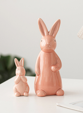 复活节兔子造型跨境热卖粉色可爱兔子派对家居装饰陶瓷工艺品摆件