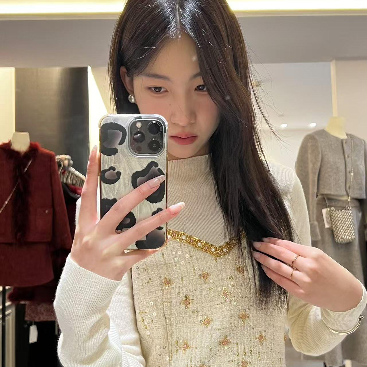 韩版ulzzang秋冬新款法式气质时尚小香风圆领衬衫+亮片吊带连衣裙