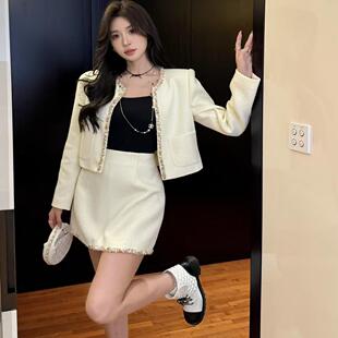 韩版ulzzang早春新款法式气质时尚小香风圆领短外套+半身裙套装女