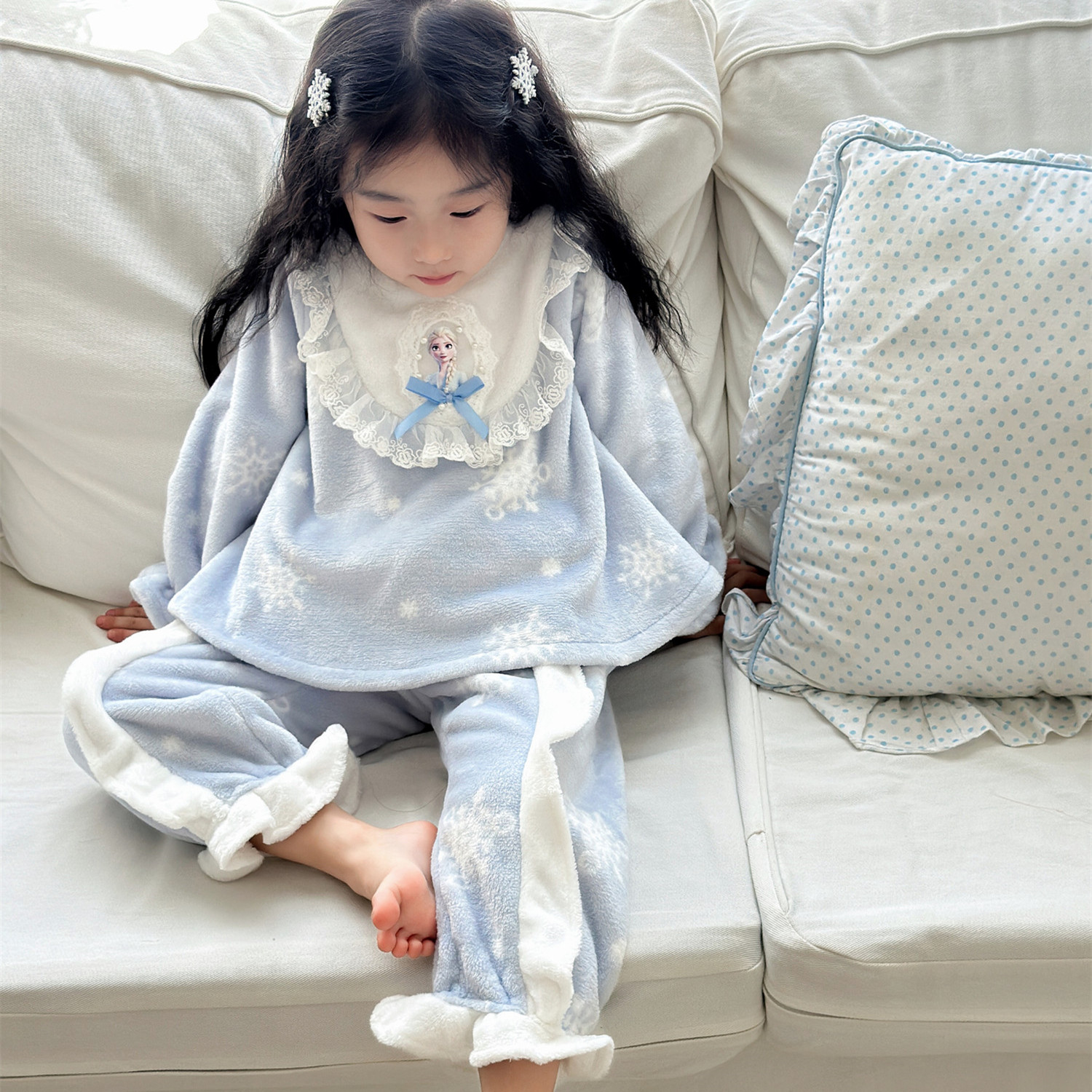 女童睡衣秋冬家居服套装冰雪奇缘爱莎公主法兰绒花边洋气睡裙